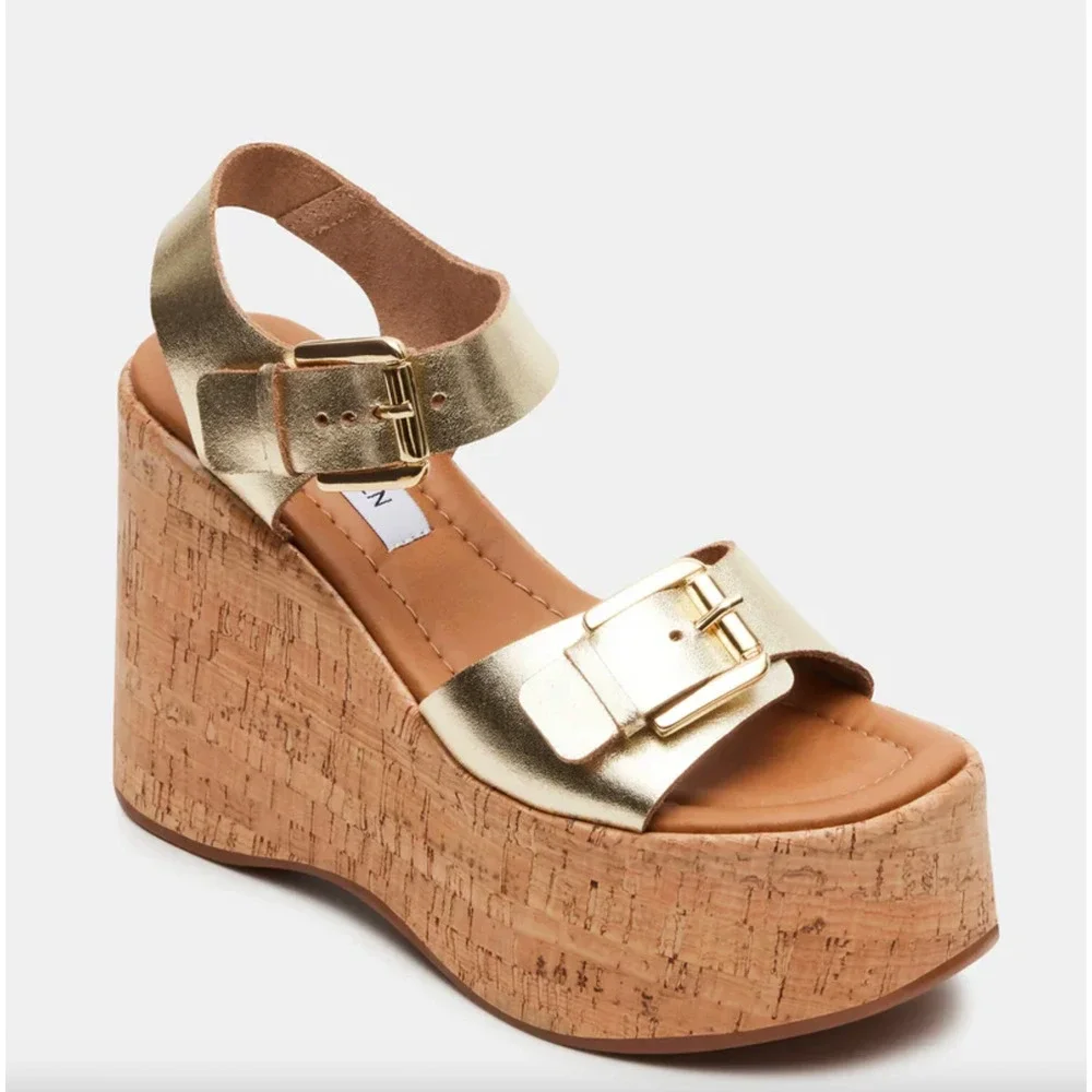 NEW Steve Madden River Platform Wedge Sandal 8 Gold Leather Buckle Ankle Strap